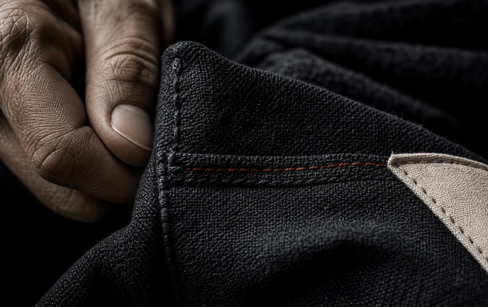 Close-up of dense black fabric construction with reinforced vermilion stitching