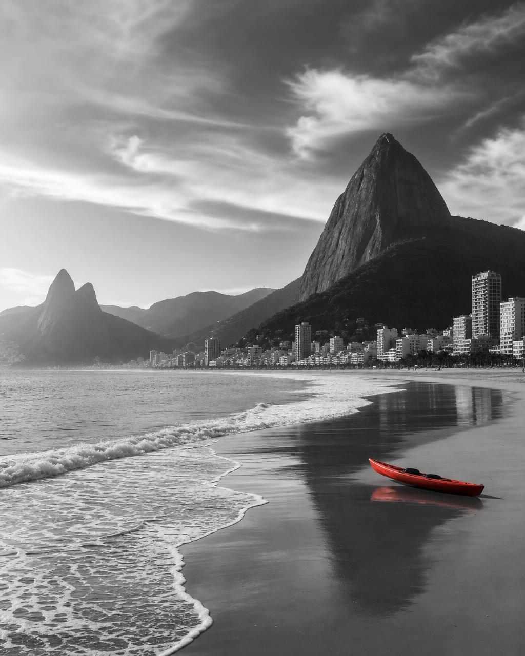 Rio de Janeiro shoreline with mountains in monochrome